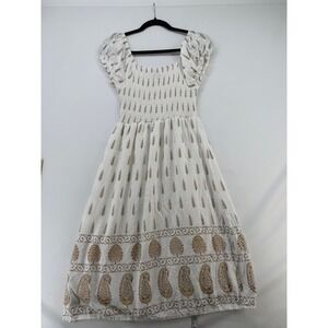 Lapogee White Gold Block Print Smocked Midi Dress Womens SM Boho Paisley India